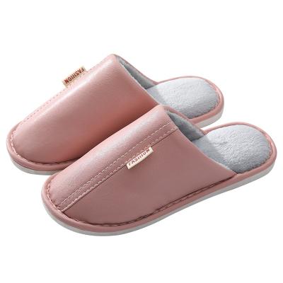 China Leather waterproof PU for men and women couples indoor home wooden floor cotton leather warm slippers in autumn and winter. for sale