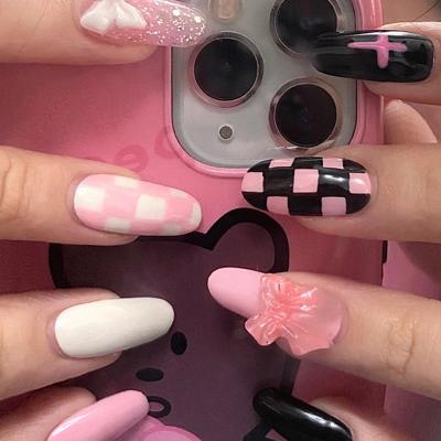 China Easy Apply Hot Girl Tangerine Duck Checkerboard Plaid Wearing Nail Finished Nail Patch False Nail Patch for sale