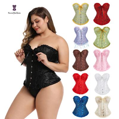 China Antibacterial corset lace up jacquard solid floral fish boned satin overbust shapewear corsets waist trainer for sale