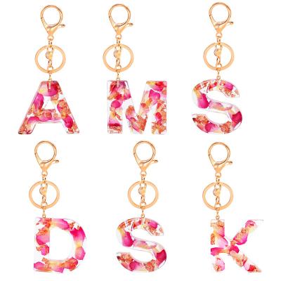 China Luxury Acrylic Alphabet Letter Key Chain Gift Resin Rose Flower Gold Foil Key Chain With Name for sale