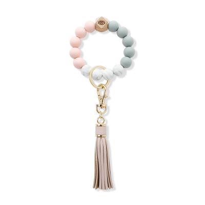 China Supplier Wholesale Promotion Gift China PU Tassel Leather Bracelet Beaded Key Chain Custom Silicone Rubber Key Chain for sale