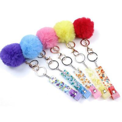 China Promotion Gift Celebration Cards Eject Clip Acrylic Material Custom Logo Long Nails Cute Credit Card Holder Key Chain Card Holder With Plush Ball for sale