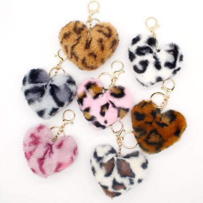 China 9cm Large Leopard Print Heart Shape Pom Poms Key Chain Fur Pom Women's Key Chains Cute Pendant Charm for sale