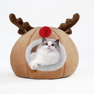 China Warming Cozy Cute Christmas Elk Soft Head Train Pet Cave Tent Bed For Cats And Dogs for sale