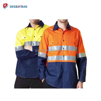 China High Visibility New Construction Shirt Men Style Hi Vis Reflective Safety Work Shirt Polyester Cotton Short/Long Sleeve Security High Visibility for sale