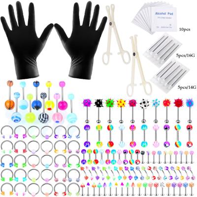 China NUORO 144pc/Set CLASSIC Colorful Acrylic Eyebrow Belly Ball Piercing Nipple Tongue Lip Rings Tool Stainless Steel Piercing Set for sale