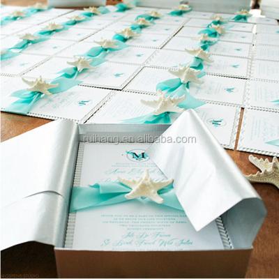 China Europe hot sale beach white wedding invitations with blue ribbons and starfishes for sale