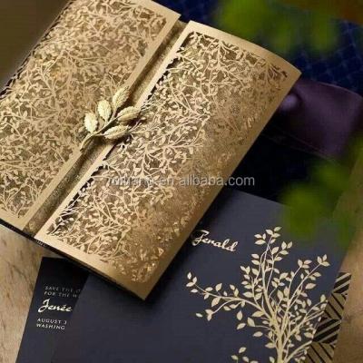 China 2018 Europe Hot Sale High End Artistic Royal Brown Gatefold Leaves Laser Cut Wedding Invitations for sale