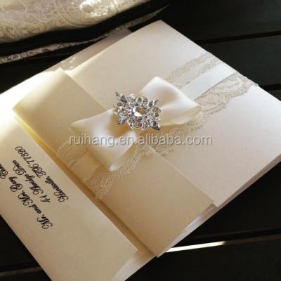 China Greek silk butterfuly ribbon with brooch folio wedding invitation card for sale