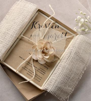 China Rustic Chic Wrapping Paper Vintage Burlap Theme Bridesmaid Invitations with Lace and Twine Box for sale