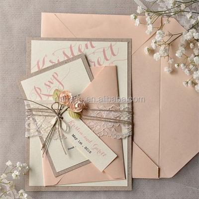 China Africa vintage peach paper fancy rose flower with lace and label invitations weding card for sale