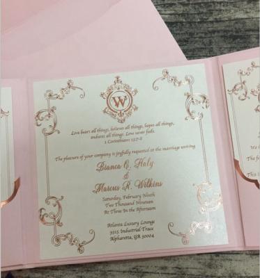 China Hot Sale Europe Romantic and Fresh Gatefold Pink Hardcover Wedding Invitations with Rose Gold Foil Text, Envelope for sale