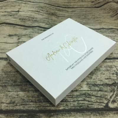 China Europe New Arrival Luxury Super White Textured Hardcover Box Paper Invitation with Gold and Black Foil Words, Matching Boxed Envelope for sale