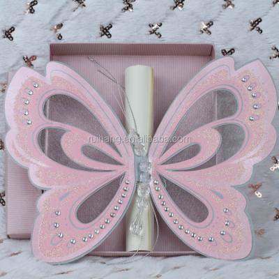 China Europe Hot Sale Luxurious Elegant Pink Laser Cut Butterfly Scroll Wedding Invitations for sale