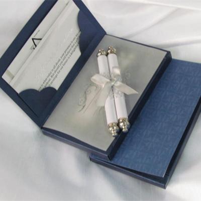 China Custom Luxury Wedding Invitation Navy Blue Europe Box with Insert Card and Translucent Paper and Scroll Decorated with Ribbon for sale