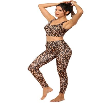 China New antibacterial hot style leopard print yoga pants distorted sports butts thin pants and bra lady fitness wear for sale