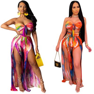 China Women Wear Breathable European and American Sexy Beach and Pool Party Printing Foot Slit Pants Wrap Chest Strap Swimwear for sale