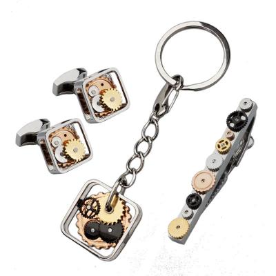 China Mechanical Stainless Steel Square Gear Cufflinks Clips Key Chains Custom Mens Gift Set Of Staples for sale