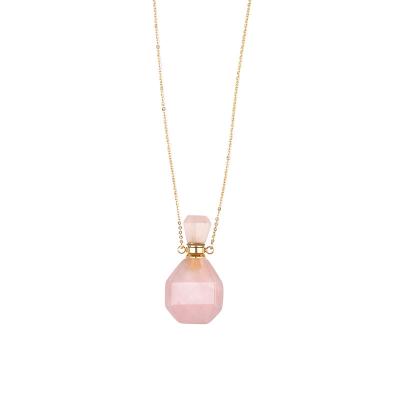 China FASHIONABLE Natural Gemstone Rose Quartz Pendant Bottle Essential Oils Diffuse Necklaces Perfume Bottle Necklace for sale