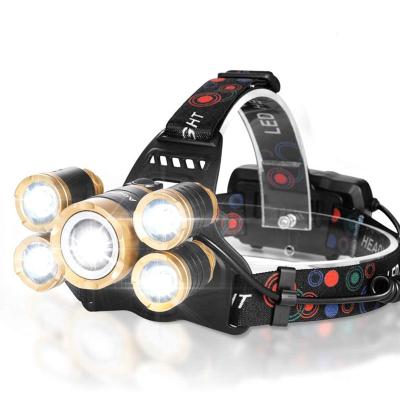 China Emergency OEM 5 Led High Powerful Rechargeable 1000 5000 Lumen Headlight Flashlight Torch Headlamp Black Red Light Headlamps for sale