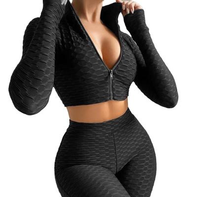 China Breathable Women Bubble Suit Workout Gym Fitness Long Sleeve Ribbed Texture Short Ribbed Zipper Crop Top Jacket Shorts Yoga Set for sale