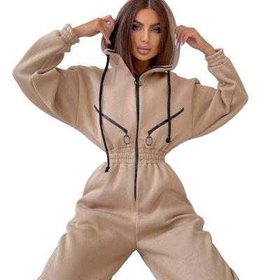 China Breathable Women's One-Piece Overalls Sports Zipper Hooded Jacket Sweatpants Suit Loose Casual Sweater Pants Suits for sale