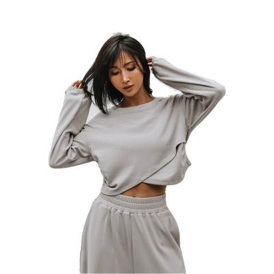 China New Fashionable Custom Women's Sweater Sweater Pants Suit Sweatpants Breathable Stitching Round Neck Crop Long Sleeve Top Sets for sale