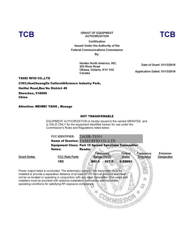 FCC - Shenzhen Tasei RFID Co., Limited