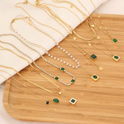 China Environmentally Friendly Malachite Green Cuban Pendant Turquoise Double Layer 18K Gold Stainless Steel Combination Chain Natural Stone Necklace for sale