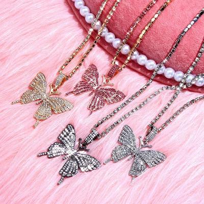 China Hiphop Environmentally Friendly Shiny Glitter Crystal Rhinestone Butterfly Necklace Crystal Tennis Chain Butterfly Pendant Necklace for sale