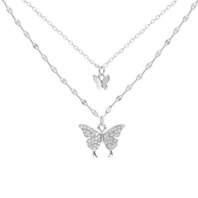 China RTS Environmental Friendly Women Charm Jewelry Love Couples Snap Drill Clavicle Chain Alloy Butterfly Double Layer Pendant Necklace for sale