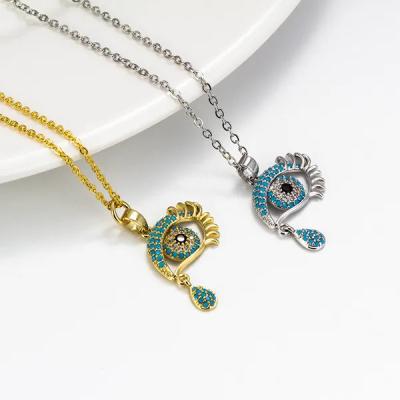 China Environmental Friendly Colored Micro CZ Pave Evil Eyes Pendant Necklaces Crystal Rhinestone Turkish Blue Eyes Statement Necklaces for sale