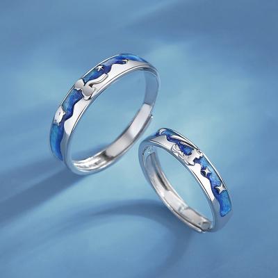 China CLASSIC Fine Jewelry Rings Blue 925 Silver Jewelry Sea Oil Men Women Wedding Adjustable Rings Couple Set for sale