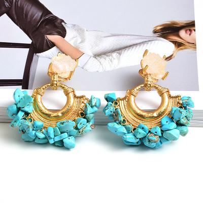 China CLASSIC Trendy Oversized Colorful Red Stone Gold Plated Circle Earrings Boho Gravel Fan Stud Earring for sale