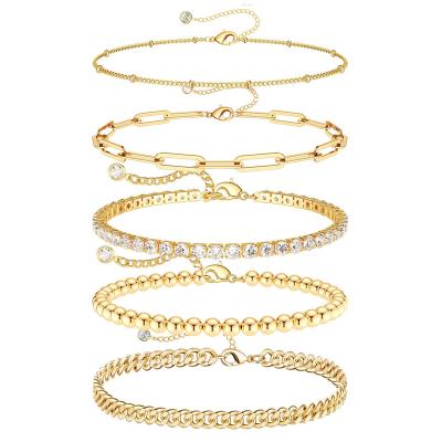 China TRENDY Fashion Jewelry Anklets Strand Stainless Steel Cuban Link Beaded Rope Chain Anklet Set 18K Gold Plated Rhinestone Bracelet Anklet for sale