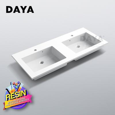 China Solid Wash Basin Double Hole Faucet Resin Bathroom Sink Gelcoat Easy Clean Easy Fit Wash Basin for sale