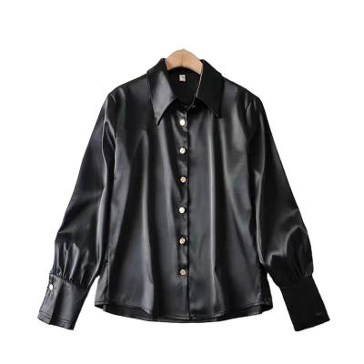 China 2021 Spring Women's Casual Clothing Black Satin Long Sleeve Shirts Anti-Shrink Long Tops Blouses for sale