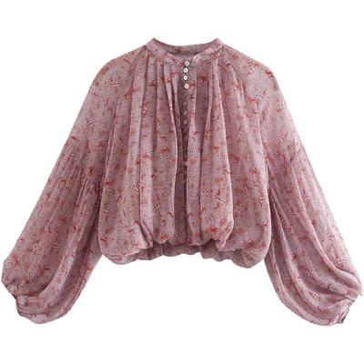 China Women Anti-Shrink Long Sleeve Smocked Ribbon Print O-Neck Ruffled Elegant Chiffon Blouse And Top Shirt for sale