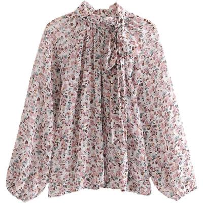 China 2021 Autumn Women's Long Sleeve Bow Print Tie Knot Wholesale Lady's Anti-Shrink Tops Clothing Blouse Shirts for sale