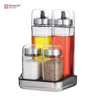 China Viable Wholesale Kitchen Fancy Glass Oil and Vinegar Bottle Fancy Olive Spice Jar Dispenser Condiment Set with Stand Holder for sale