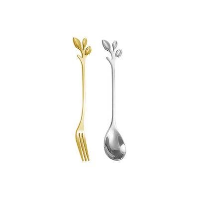 China Amazon top selling 2022 cheap gold silver cutlery 410 stainless steel flatware cutlery fork spoon with gold leaf shape for sale