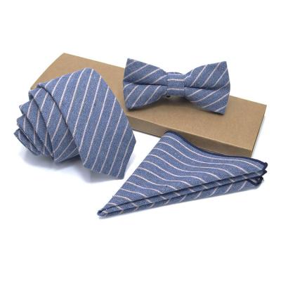 China Cotton and Linen Blend Factory Custom 7cm Classic Striped Bowtie Pocket Square Tie Sets with Gift Box for sale