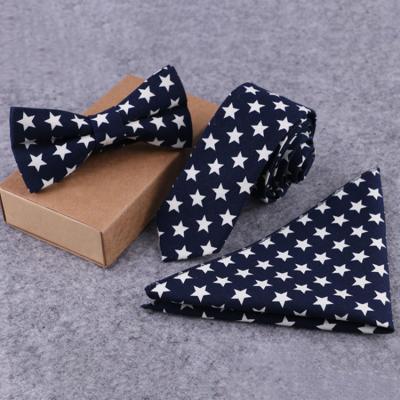 China Gift Packing Cotton Canvas Fashion Print Pocket Square Bow Tie Cotton Tie and Men's Tie Sets for sale