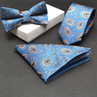 China Cotton and Canvas Slim Skinny Luxury Floral Necktie Bowtie Pocket Square Tie Sets Paisley Jacquard With Gift Box for sale