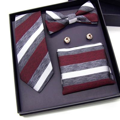 China Custom Packing 100% Cashmere Fashion Classic Stripe Polyester Cufflinks Handkerchief Men Link Gift Set for sale