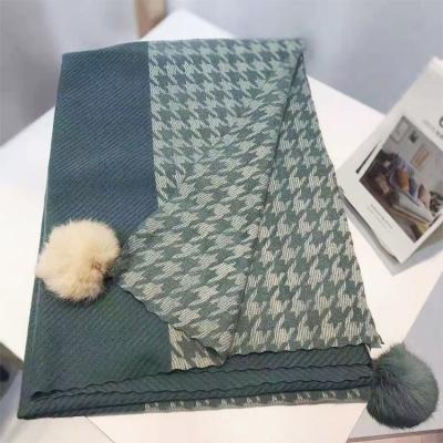 China 185cm Polyester Long Fashion Ladies Neck Women Houndstooth Scarf Winter Multicolor Shawl With Fur Ball for sale