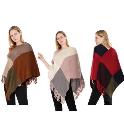 China Acrylic Striped Tartan Fashion Plaid Women Warm Soft Cape Knitted Poncho Shawls With Tassel for sale