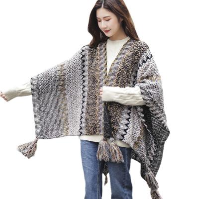 China Colorful Stripe Acrylic Oversized Vintage Striped Scarves Shawls Ethnic Sweater Knitted Poncho With Tassel for sale