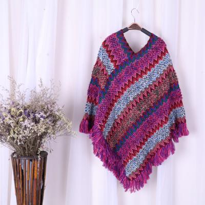 China Striped Acrylic Color Quilting Ethnic Vintage Women Cape Shawls Knitted Poncho With Tassel for sale