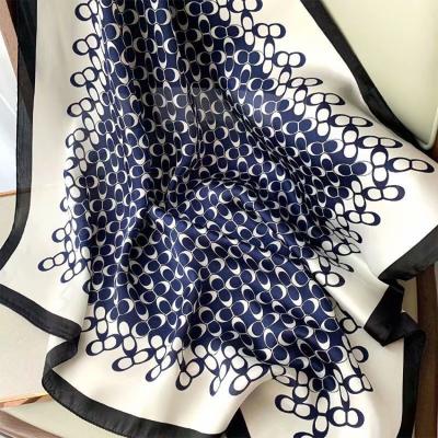 China Polyester Fashion Geometry Printing Polyester Satin Stripe Women 90x90cm Luxury Square Scarf Shawl for sale